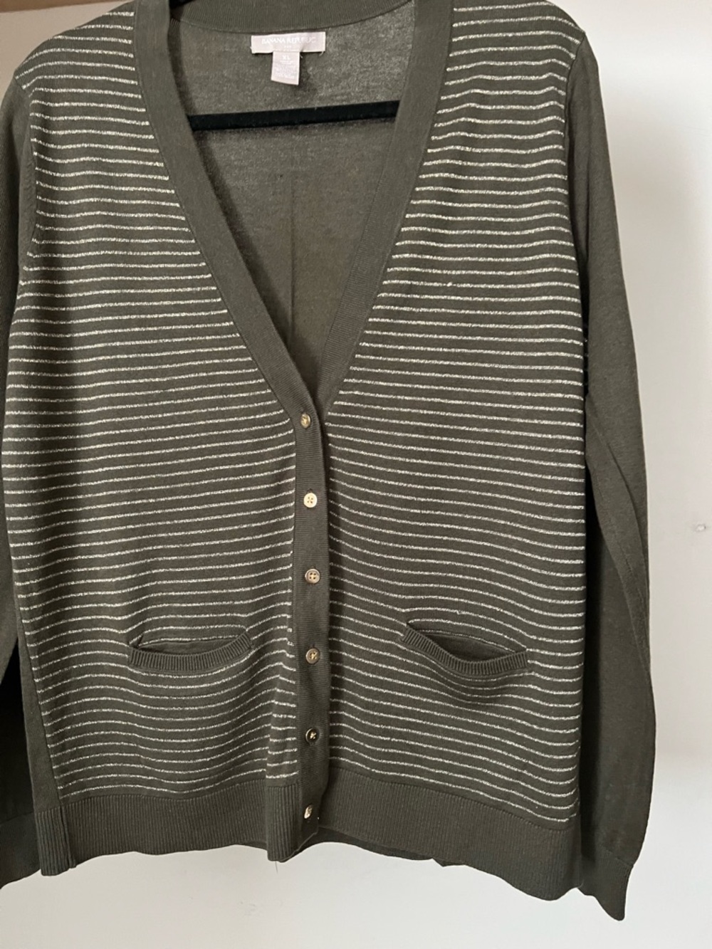 Banana republic Women Olive Green metallic Striped V-Neck Cardigan